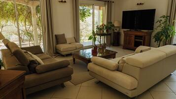 Télévision, cheminée, lecteur de DVD, baby-foot