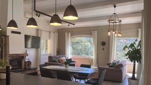 Una sala de estar moderna con chimenea, comedor y ventanas amplias.