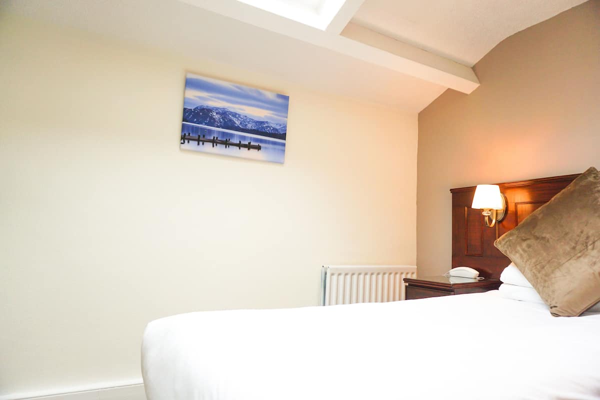 A hotel room with a bed, a nightstand with a lamp, a painting of a lake, and a radiator.