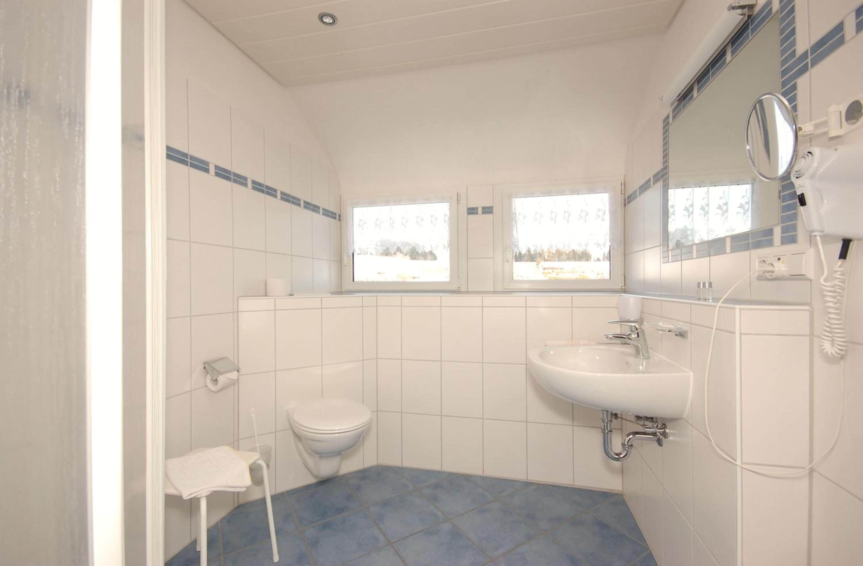 Une salle de bain avec des toilettes, un lavabo et un miroir. Les fenêtres sont dotées de cadres recouverts de carreaux bleus.