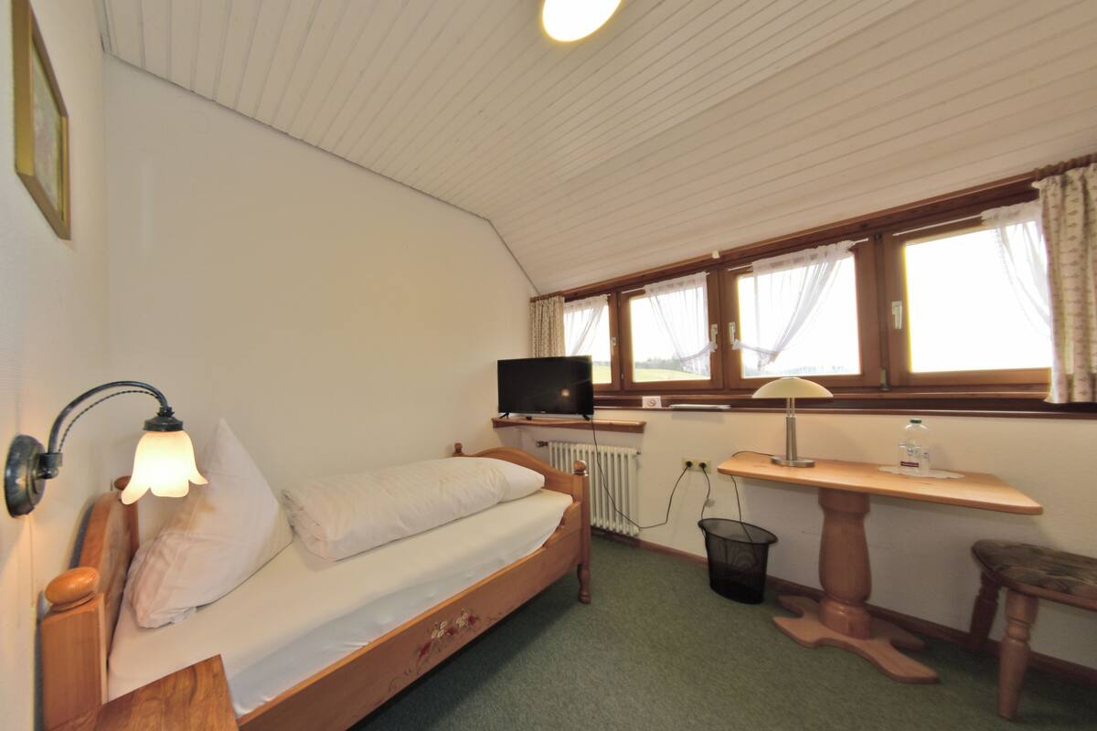Et lille, hyggeligt værelse med en enkelt seng, et fjernsyn, et bord med en lampe og et vindue med gardiner.