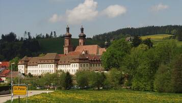 A historic building with two prominent towers, surrounded by lush greenery and a field of yellow flowers.