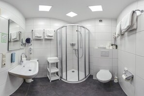 Hair dryer, towels, soap, shampoo