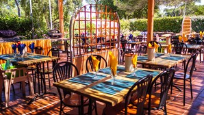 An outdoor dining area with tables set for two, surrounded by chairs and a wooden fence. - Vacances passion - Village La Bayette (Le Pradet)