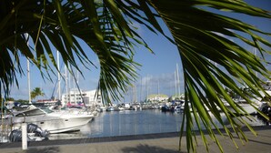 Un puerto deportivo con barcos amarrados, palmeras y un edificio al fondo.
