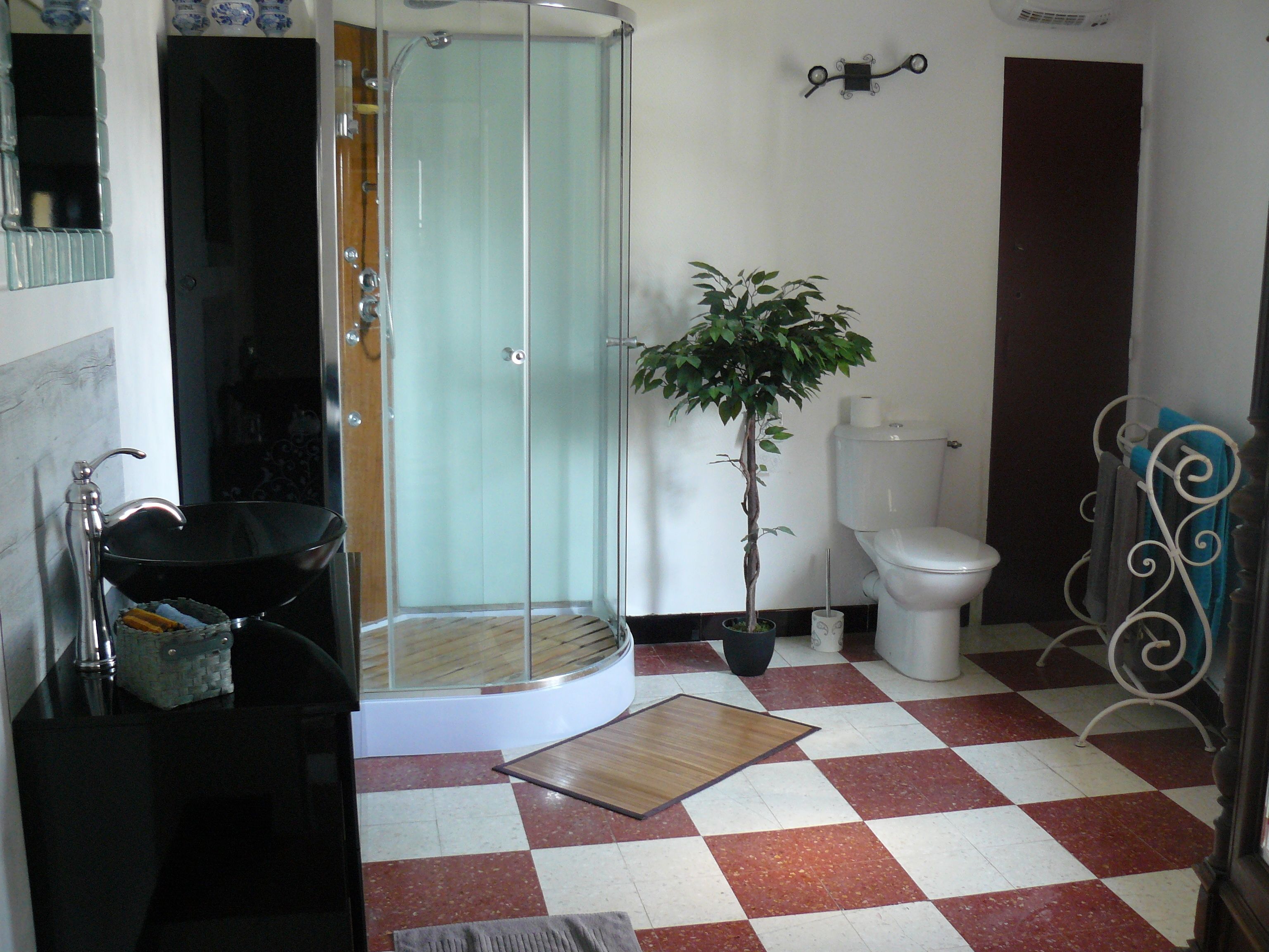 Un baño con cabina de ducha de vidrio, inodoro, lavamanos y una planta en maceta.