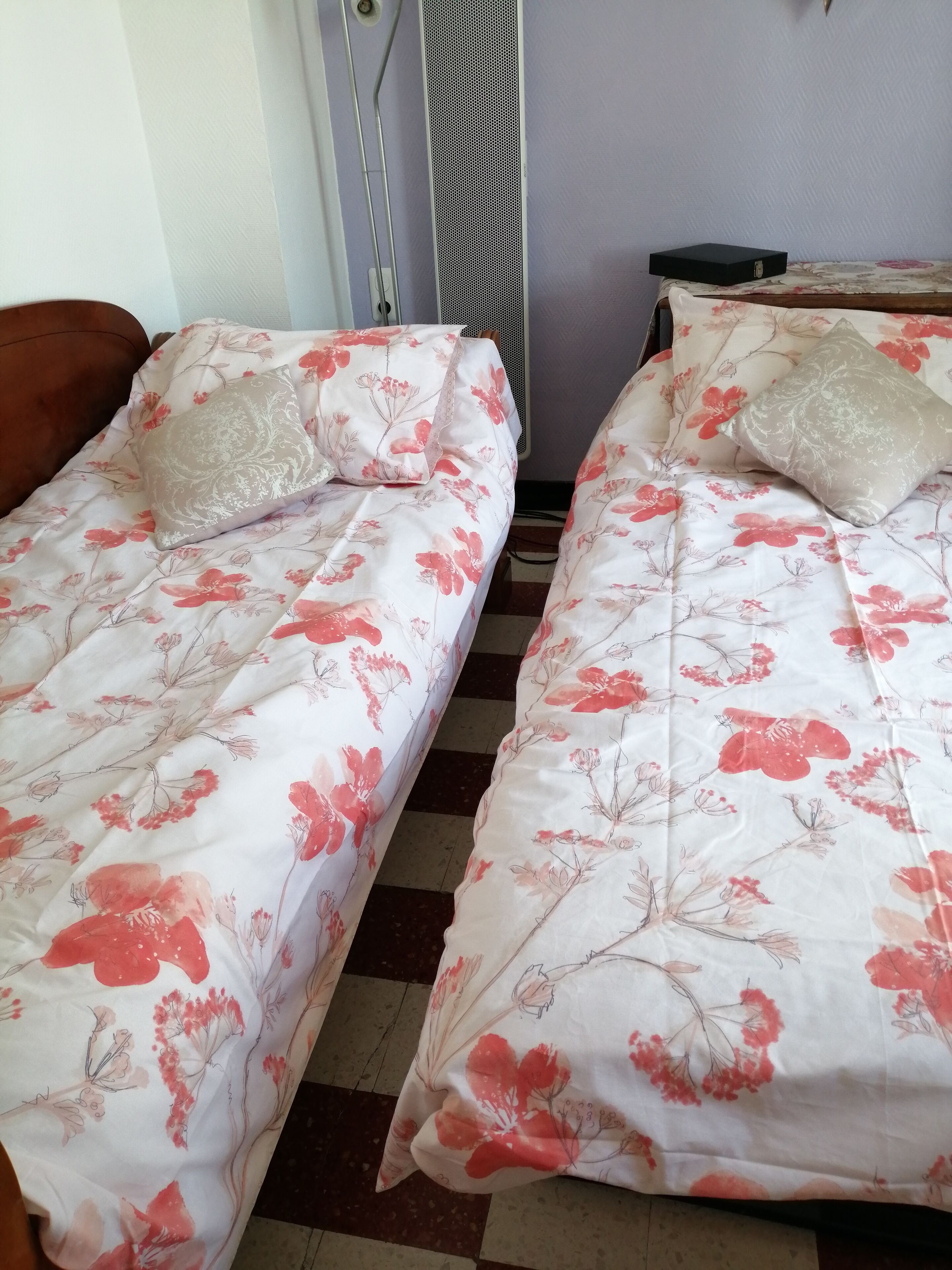 Two single beds with floral bedding, a brown sofa, and a small table with a book.