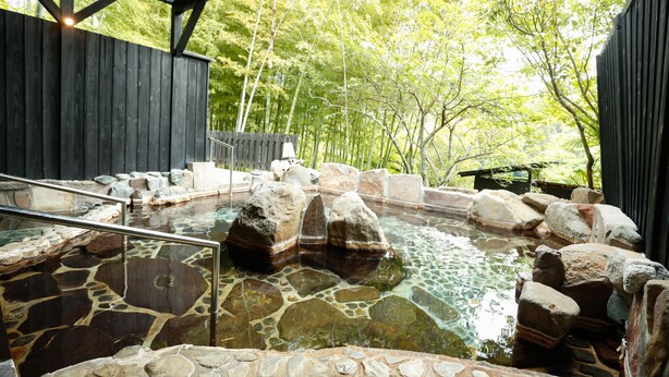 A hot spring area with stone steps and rocks, surrounded by trees. - Albergo Yuraku (Yugawara)