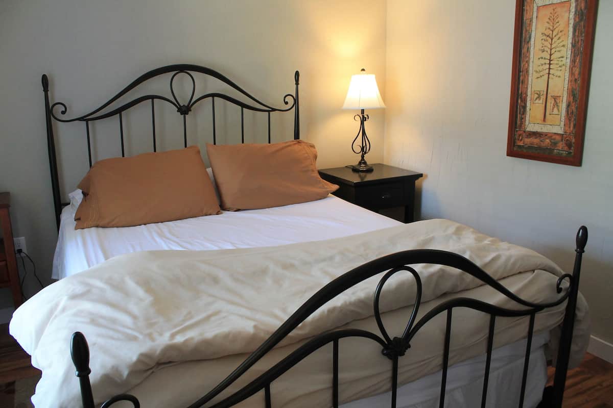 A bed with a metal frame, two pillows, a bedside table with a lamp, and a framed picture on the wall.