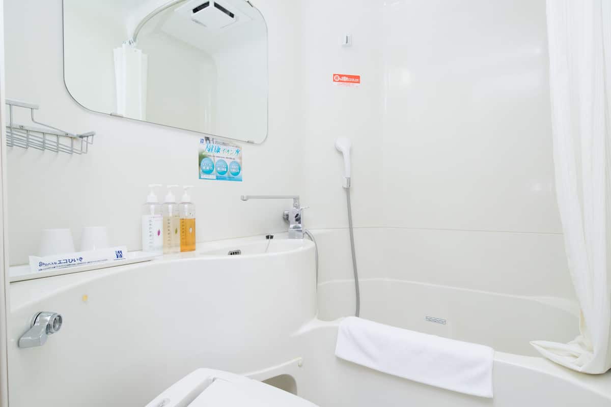 combined shower/bathtub, free toiletries, hair dryer, slippers