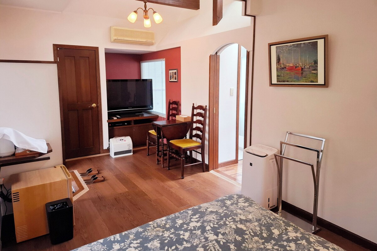 A compact living space with a television, a dining table with chairs, a radiator, and a framed picture on the wall.