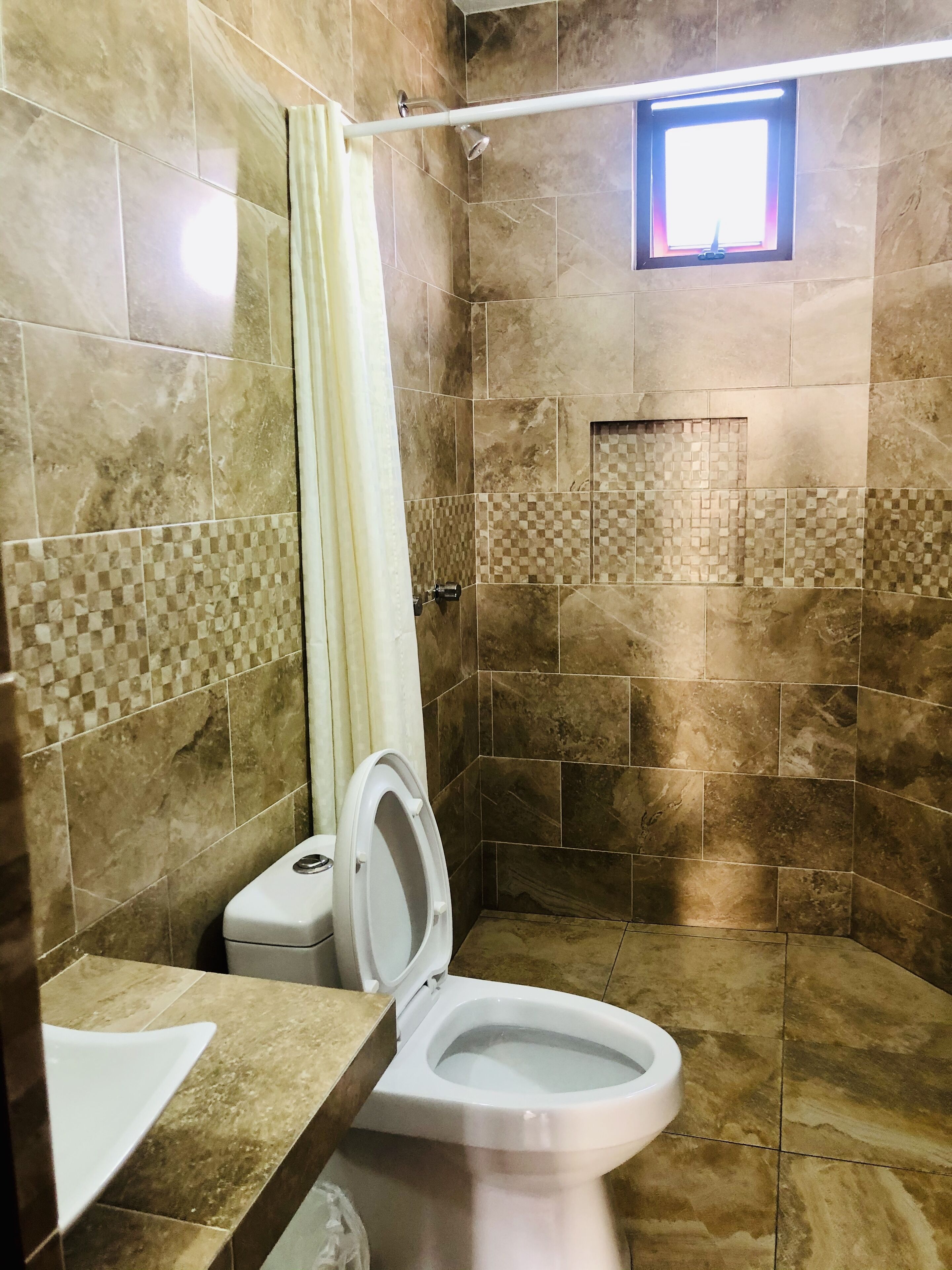 shower, towels, soap, shampoo