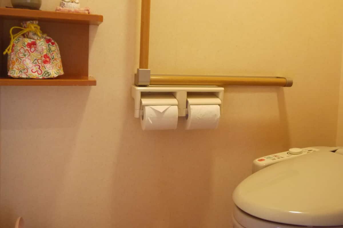 Des toilettes dotées d’un panneau de commande, d’un porte-rouleau de papier toilette et d’une étagère avec un sac.
