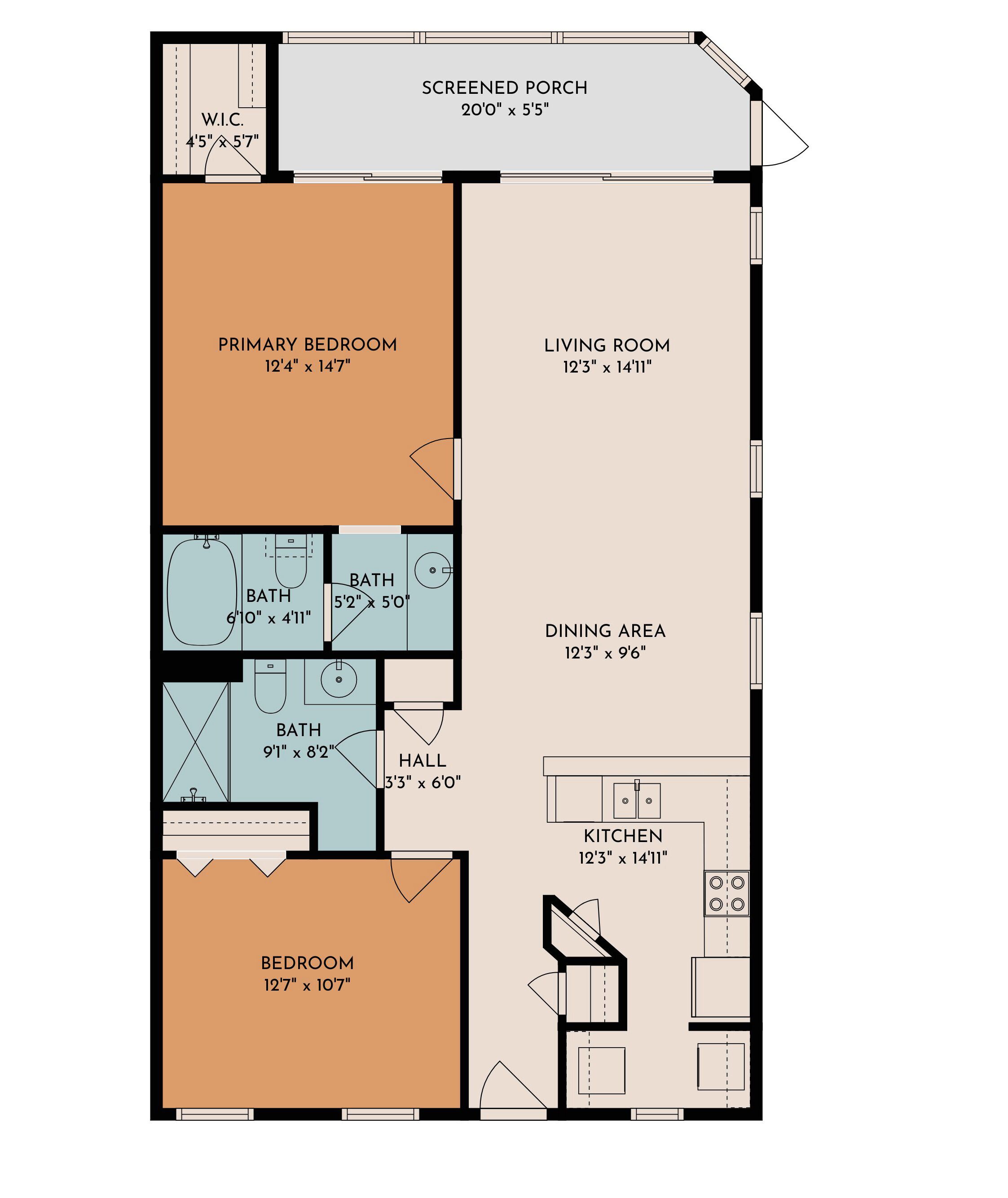 A floor plan of a house with a screened porch, primary bedroom, living room, dining area, kitchen, two bathrooms, and a bedroom.