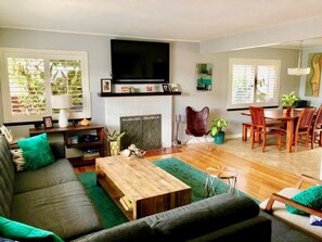 TV, fireplace, books, video library