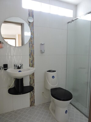 Regadera, toallas, jabón, papel de baño 