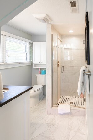 Combined shower/bathtub, hair dryer, towels, toilet paper