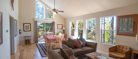 Televisie, een open haard en een stereo