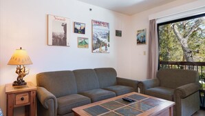 Ein Wohnzimmer mit Sofa, Sessel und Couchtisch. An den Wänden hängen Poster, auf einem Beistelltisch steht eine Lampe und durch das Fenster ist ein Blick auf Bäume möglich.