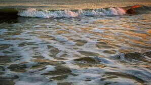 Une plage avec des vagues et un coucher de soleil.