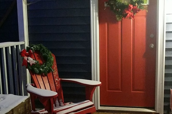 Porch overlooking a large back yard