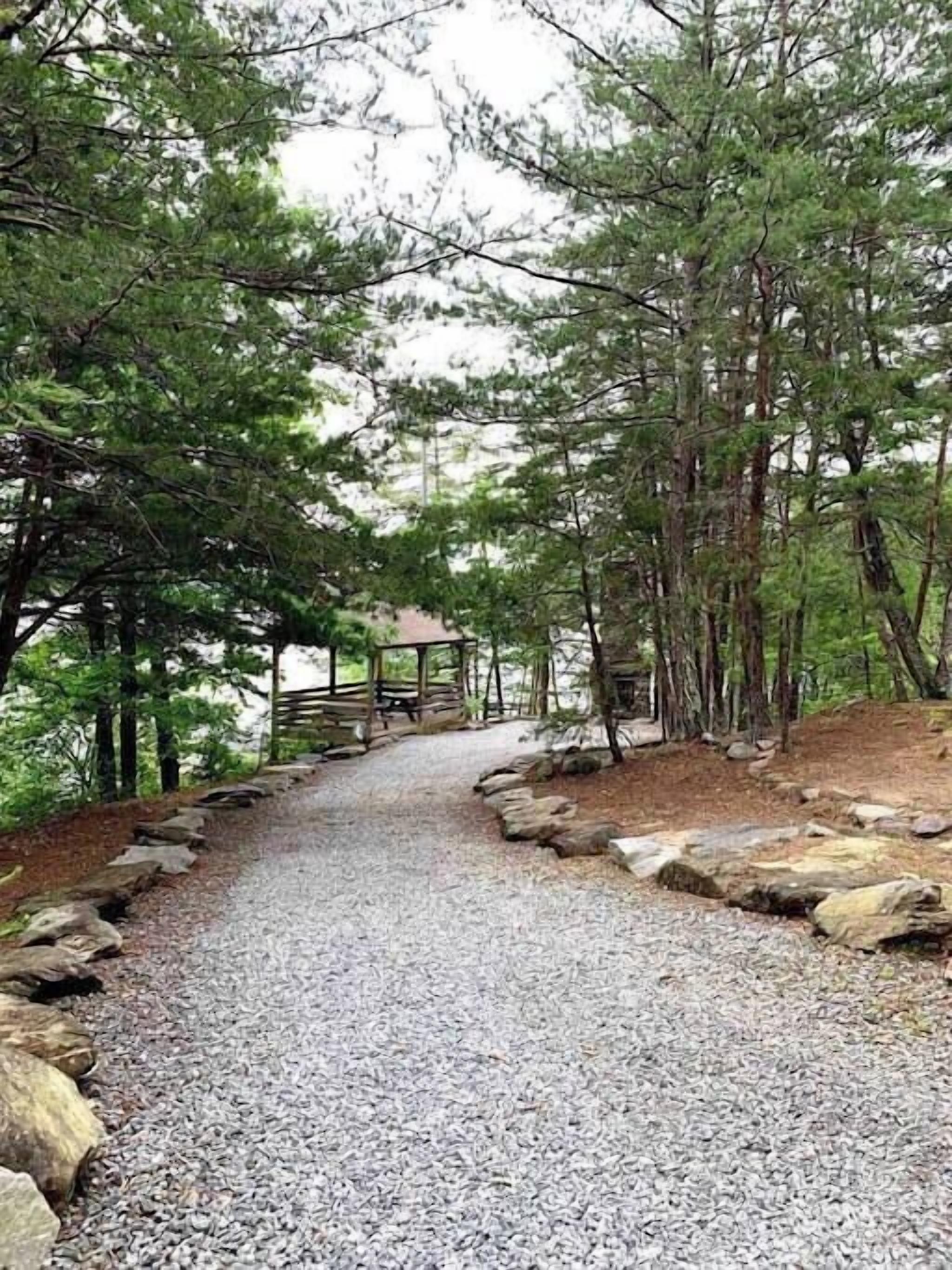Un chemin de gravier bordé d’arbres mène à une structure en bois.