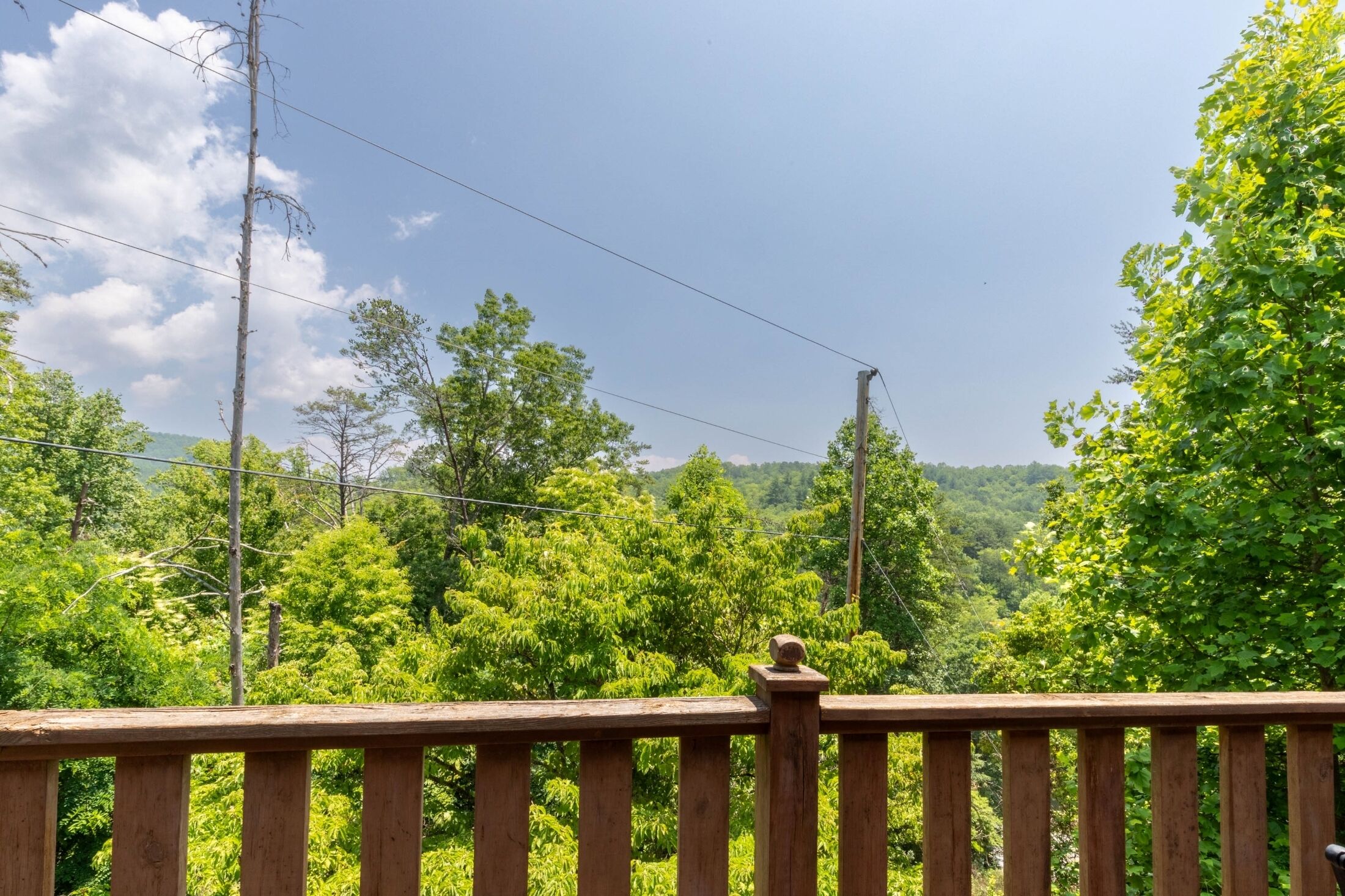 Une balustrade en bois offrant une vue sur une végétation luxuriante et un ciel dégagé.