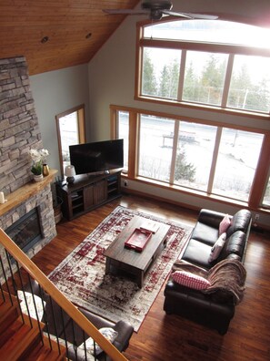 Smart TV, fireplace, books, video library