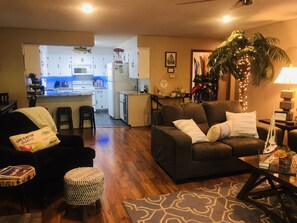 Flat-screen TV, fireplace