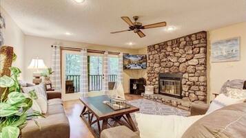 Flat-screen TV, fireplace