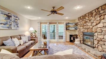 Flat-screen TV, fireplace