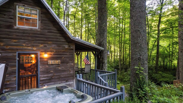 A rustic cabin with a hot tub and deck, surrounded by a forest. - Cabin on the Creek-Creek side- Hot tub - Fire Pit - Sleeps 4 (Whittier)