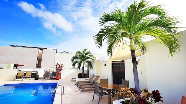 Un área junto a la piscina con sillones de descanso, una palmera y un edificio de techo plano.