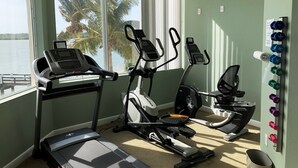 A home gym with a treadmill, elliptical, and stationary bike, overlooking a lake with palm trees.