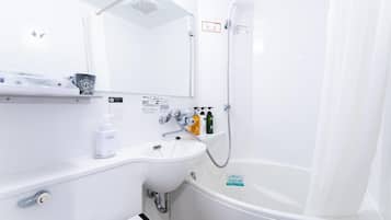 A modern bathroom with a white sink, mirror, and shower. There are toiletries on the counter and a sign indicating water conservation.