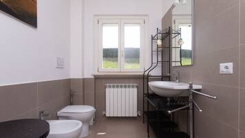Een douche, een bidet, handdoeken
