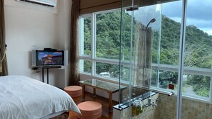 Una habitación de hotel con un ventanal grande, una cama, un televisor y una zona de ducha.