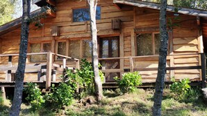 A wooden cabin with a porch, surrounded by trees and greenery. - Rustic Barn Cabin  (Pucon)