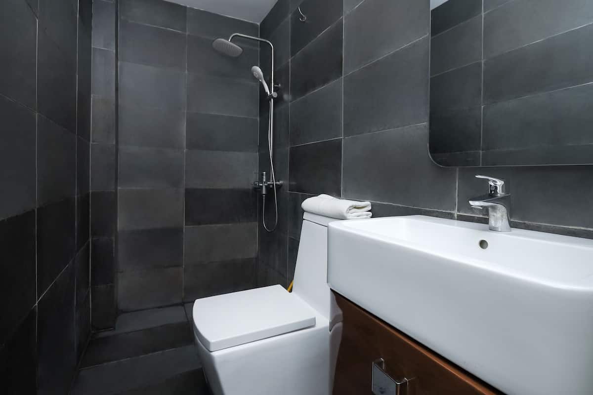Un baño moderno con azulejos oscuros, un inodoro blanco, una ducha con cabezal de ducha manual y un lavamanos con un espejo encima.