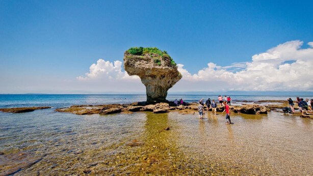 A clear view of a unique rock formation with a small island on top, surrounded by calm water and a clear sky. - Venice Seaview Hotel (Liuqiu)
