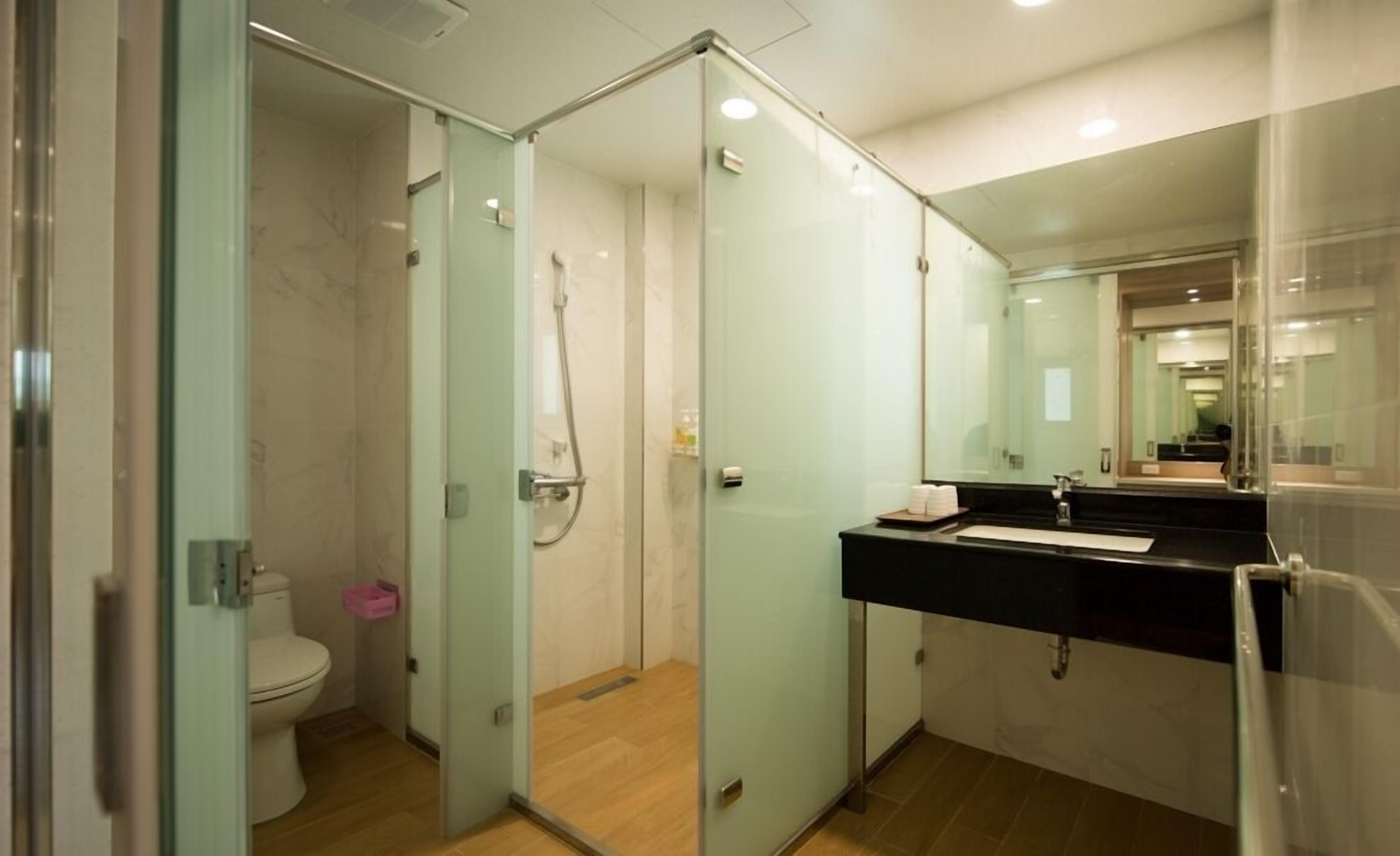 A modern bathroom with a glass shower enclosure, a toilet, and a sink with a mirror.