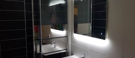 Séchoir à cheveux, serviettes fournies, papier de toilette