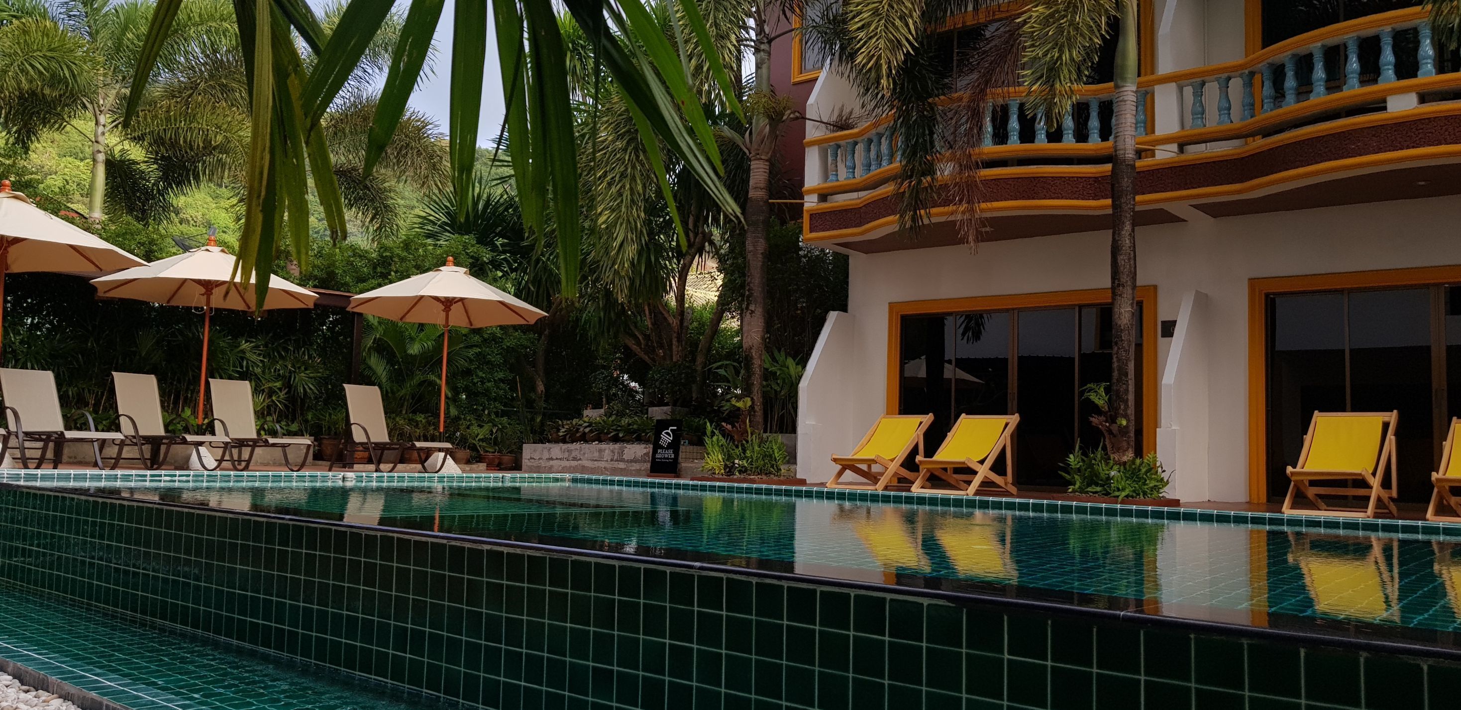 A pool area with lounge chairs and umbrellas, surrounded by lush greenery and a building with balconies.