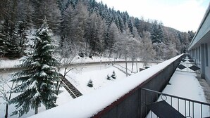 En balkong med utsikt över en snötäckt flod och en skog.