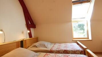 Une chambre avec deux lits, un plafond en pente et une fenêtre donnant sur un paysage verdoyant.