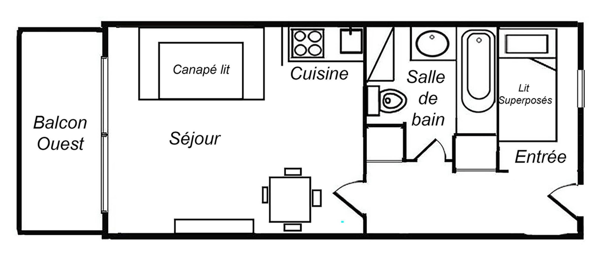 A hotel layout with a balcony, living room, kitchen, bathroom, and entrance.