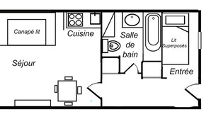 A hotel layout with a balcony, living room, kitchen, bathroom, and entrance. - Charming Studio on Slopes, Pets Welcome, Near Shops (Méribel)