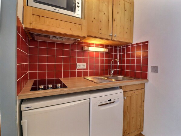 A compact kitchen with a built-in microwave, a sink, and a dishwasher.