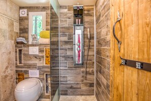 Hair dryer, towels, soap, shampoo