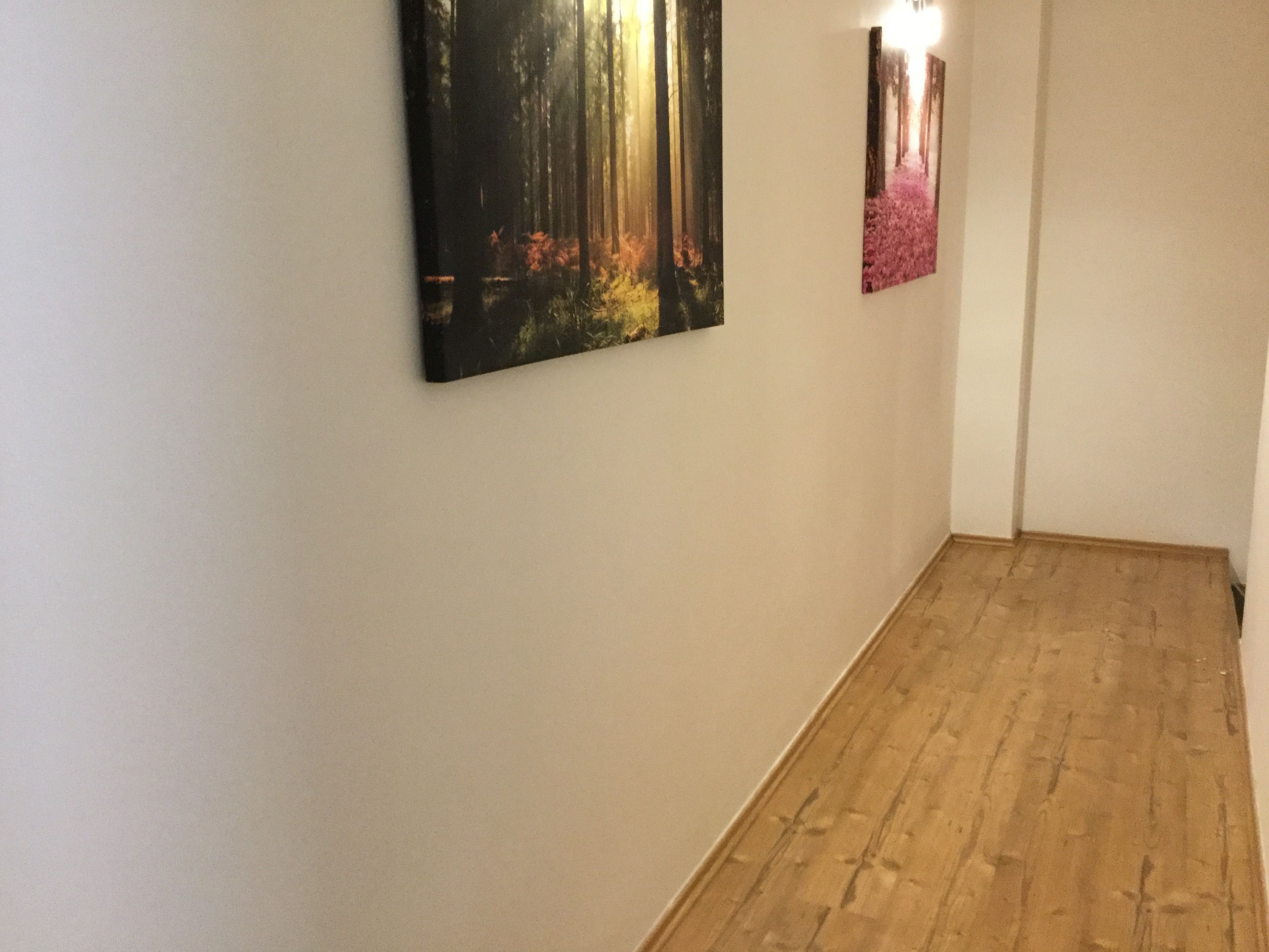 Un couloir doté d’un plancher en bois et orné de deux œuvres d’art accrochées au mur, représentant des scènes de forêt.